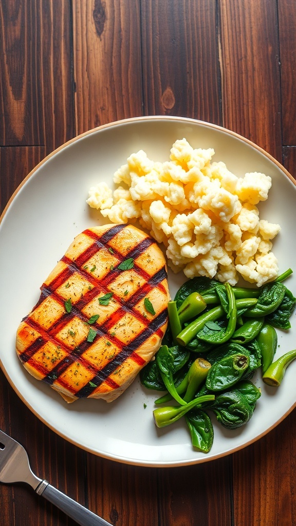 A plate with grilled chicken, sautéed spinach, and cauliflower rice on a rustic table.